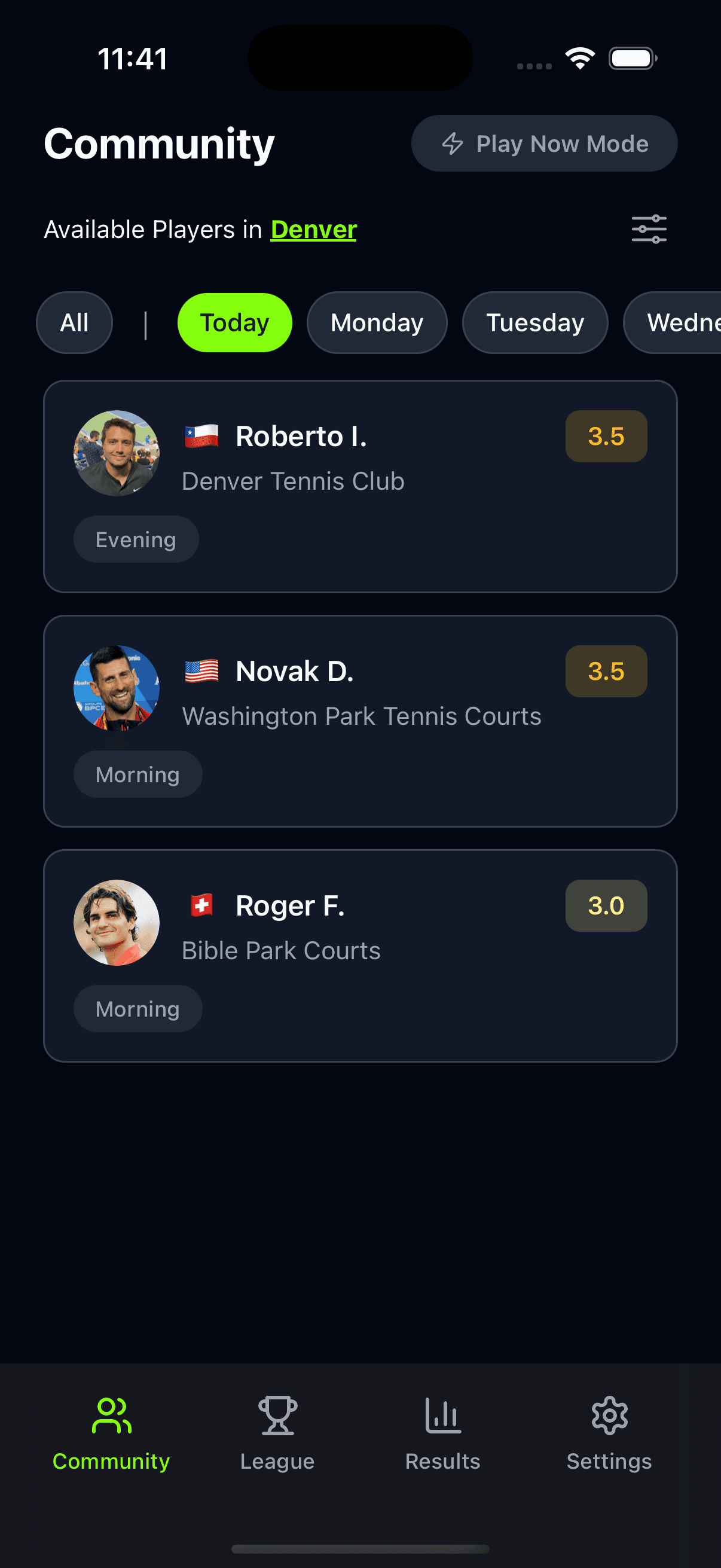 Tenista app screen - Find a tennis partner